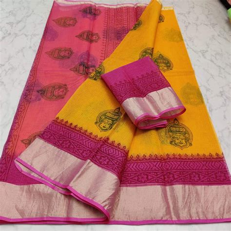 Pink and Yellow Multidye Hand Block Printed Saree