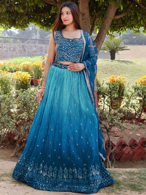 BUOV483 Ombre Mukaish Embellished Georgette Pleated Lehenga Set with ...