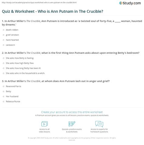 Quiz & Worksheet - Who is Ann Putnam in The Crucible? | Study.com