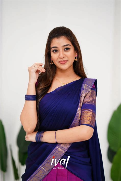 Padmaja Cotton Half Saree - Pinkish Magenta and Navy Blue – Ivalinmabia