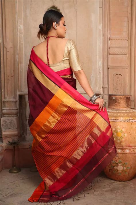 Buy Maroon Stria Maheshwari Cotton Silk Saree - House Of Elegance ...