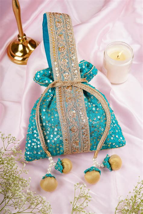 Tasha Teal Organza with Sequin Potli Bag - SWABHIMANN