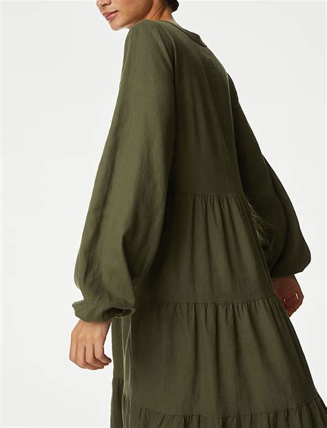 Buy Linen Rich V-Neck Midaxi Tiered Dress at Marks & Spencer