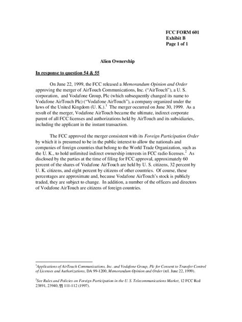 Fillable Online FCC FORM 601 Exhibit B Page 1 of 1 Alien Ownership In ...