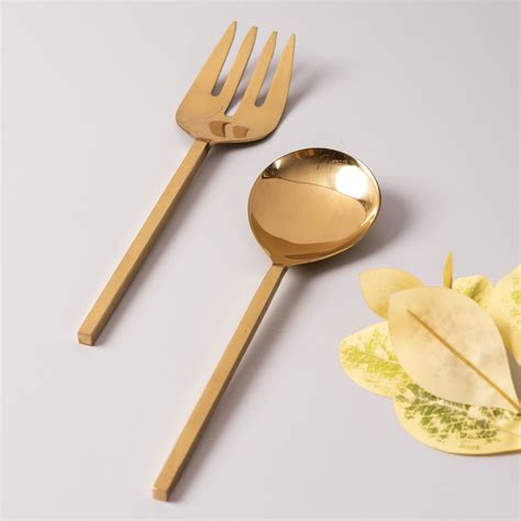 Buy Serving Spoon and Fork Set in Gold Color Online in India - Nestroots
