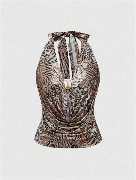 ROMWE Grunge Punk Sexy Women's Deep Draped Neck Crosstrain Leopard ...