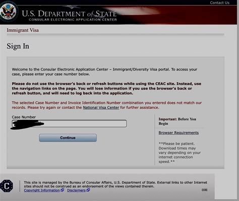 Can not log in to CEAC website, message "The selected Case Number and ...