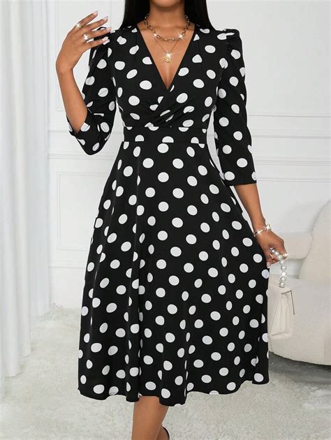 Lyxana Elegant V-Neck Cinched Waist 3/4 Sleeve Polka Dot Fit & Flare ...