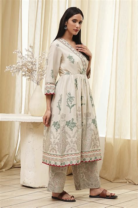 Buy Beige and Green Cotton Angrakha Anarkali Kurta Set Online at Biba India