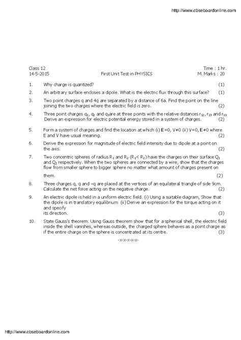 Cbse class 12 ut1 physics 2016 - Class 12 Time : 1 hr. 14-5-2015 First ...