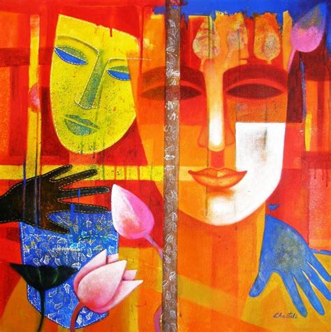 "Nautanki Series 2": Orange Red Acrylic Painting by Chaitali Mukherjee ...