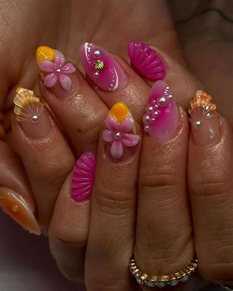 Handmade Pink Shell 3D Flower Pearl Summer Beach Press on Nails R50 in ...