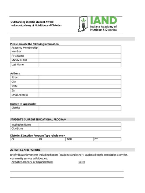 Outstanding Dietetic Student Award Application Doc Template | pdfFiller