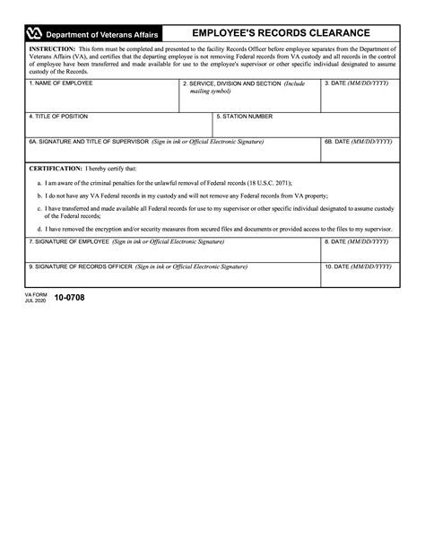 VA Form 10-0708. Employees Records Clearance – Document Template