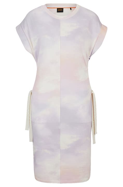 BOSS - T-shirt dress in patterned stretch cotton with branded drawcords ...