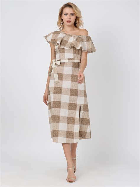 Beige Checks Off Shoulder Cotton Linen One Piece Dress Exclusive