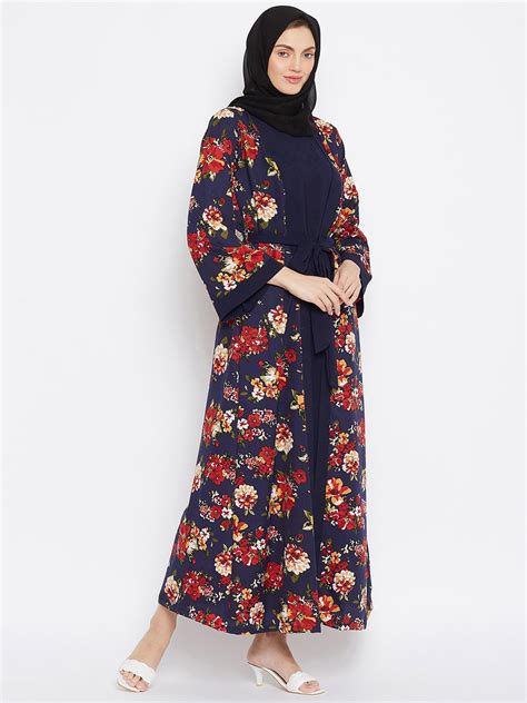 Nabia Blue & Red Printed Shrug Attached Abaya with Georgette Scarf