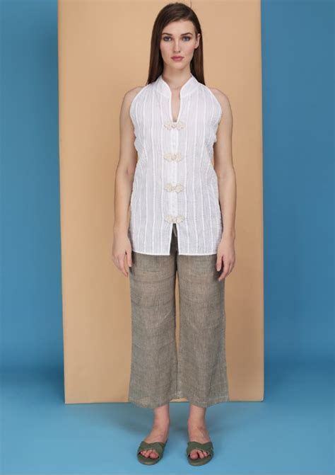 Micro pintucks stand collar sleeveless top with handcrafted buttons ...