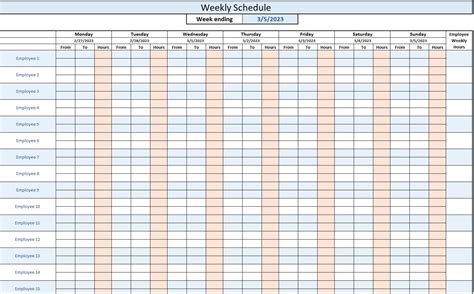 Image result for Excel Weekly Schedule Spreadsheet Editable
