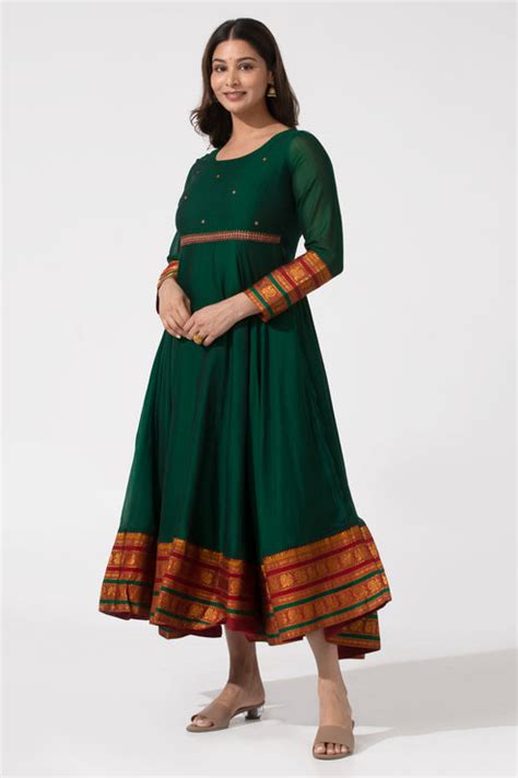 Bottle Green A-Line Ethnic Dress with Mangalgiri Detailing – Maybell ...