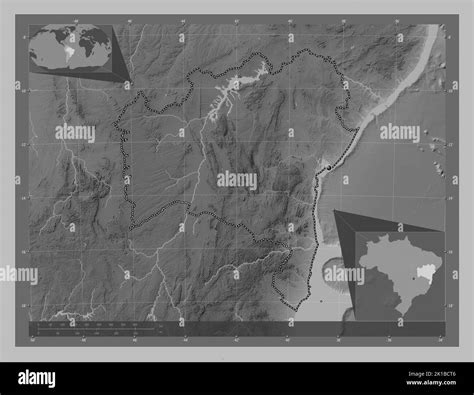 Bahia, state of Brazil. Grayscale elevation map with lakes and rivers. Corner auxiliary location ...