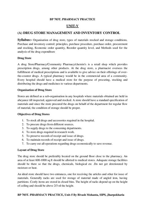 BP703T PP V - Notes - BP 703T. PHARMACY PRACTICE UNIT-V (A) DRUG STORE ...