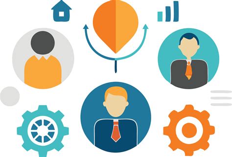 Business and organization illustration with icons of people, gears, and charts, representing ...