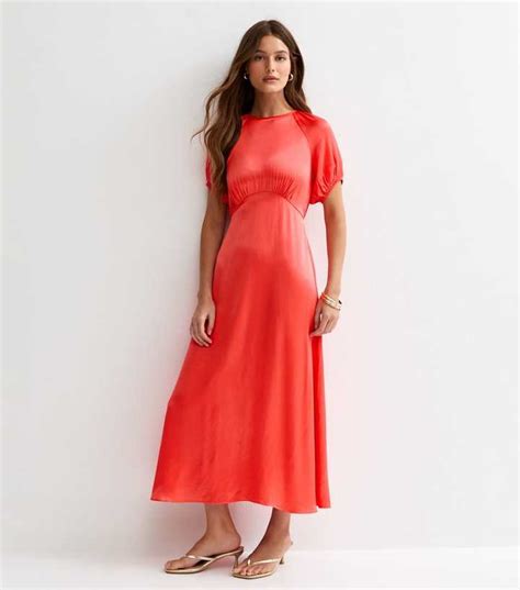 Coral Satin A-line Midi Dress | New Look
