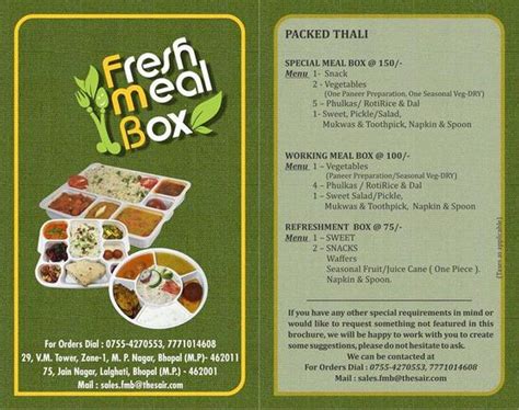 Menu at Fresh Meal Box, Bhopal