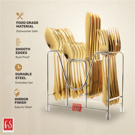 Gold Stainless Steel Cutlery Set 24 Pcs with Stand | Montavo