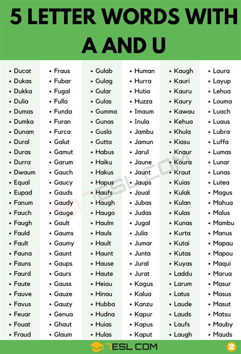 5 Letter Words with A and U (700+ Words in English) • 7ESL