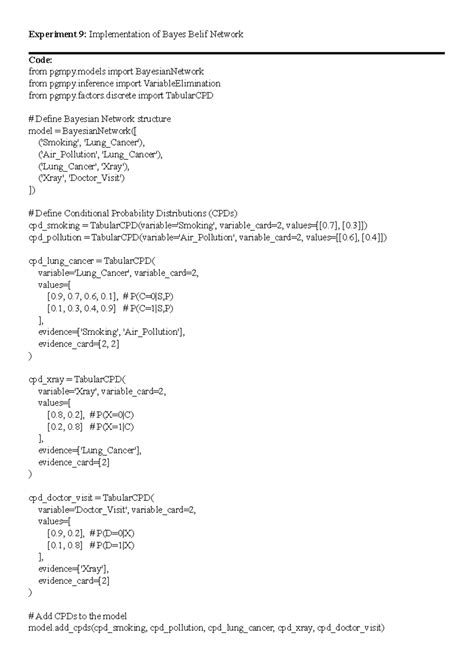 Ai exp 9 - ai Exp - Experiment 9: Implementation of Bayes Belif Network ...