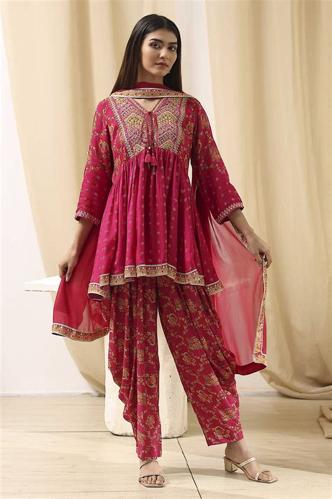 Buy Fuchsia Viscose Floral Printed Peplum Suit Set Online at Biba India