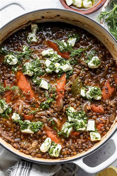 Stewed Lentils with Marinated Feta - Dishing Out Health