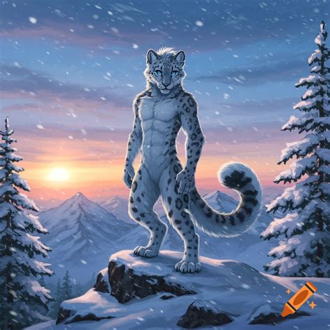 A snow leopard furry stands on a snowy mountain peak at sunset, with ...