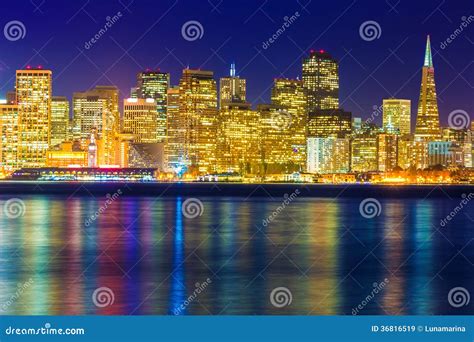 San Francisco Sunset Skyline California Bay Water Reflection Stock ...