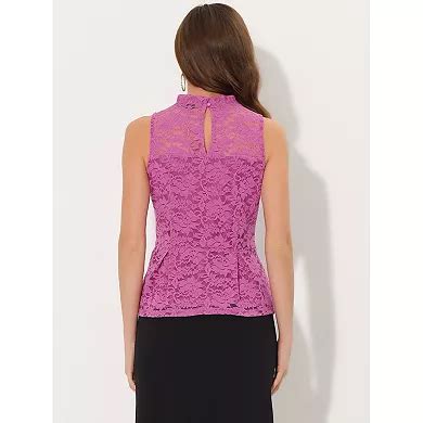 Women's Lace Floral Ruffle Neck Keyhole Back Sleeveless Peplum Top