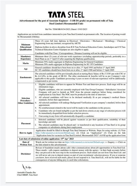 TATA Steel Limited Job vacancy for Electrical Mechanical Metallurgy ...