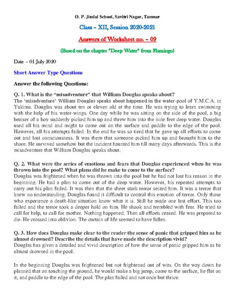 English-XII: Answers to Worksheet 09 on "Deep Water" from Flamingo ...