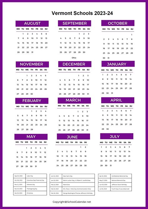 Vermont School Calendar 2023-2024 [County School District]