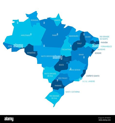 Blue political map of Brazil. Administrative divisions - states. Simple flat vector map with ...