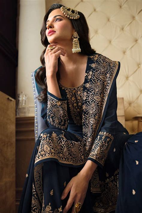 Navy Blue Embroidered Georgette Pakistani Suit - Clothsvilla