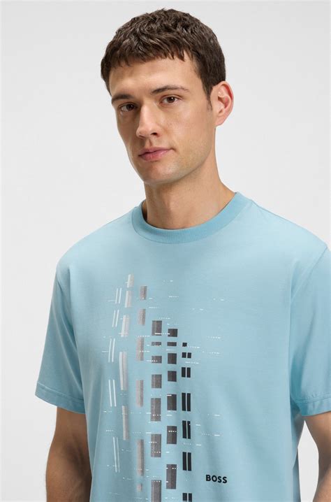 BOSS - Stretch-cotton T-shirt with geometric print - Light Blue