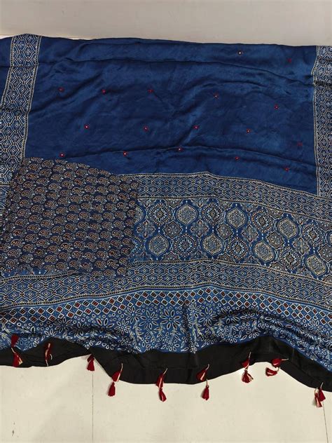Natural dye modal silk ajrakh top with plain modal silk handworked mir ...