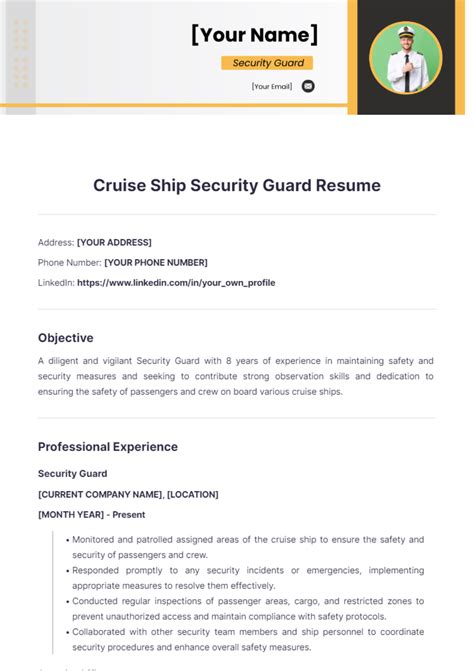 Free Cruise Ship Security Guard Resume Template to Edit Online