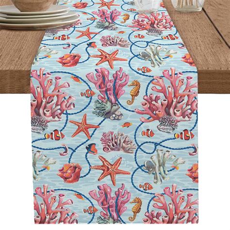 nqOlkjepod Summer Ocean Coral Table Runner 72 Inches Long Farmhouse ...