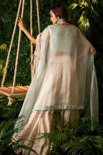 Buy Blue Gingham Embroidery, Tassels Round Neck Mughal Garden Cape And ...
