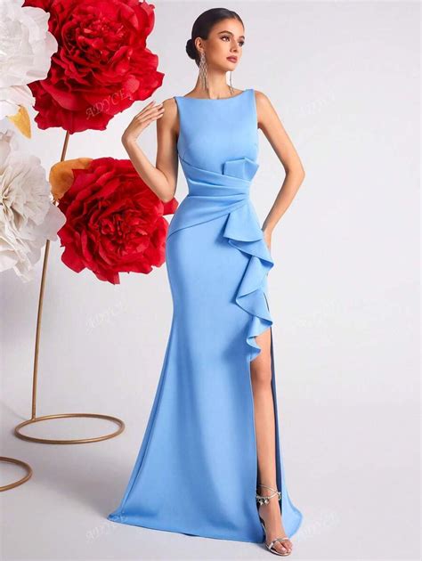 ADYCE Solid Color High Waist Ruffle Flounce Trim Slit Backless Party ...