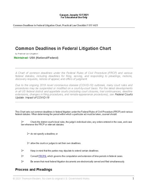 Common Deadlines in Federal Litigation Chart - Due to the ongoing 2019 ...