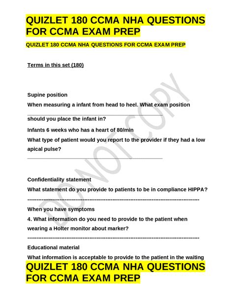 QUIZLET 180 CCMA NHA QUESTIONS FOR CCMA EXAM PREP | Exams Nursing | Docsity